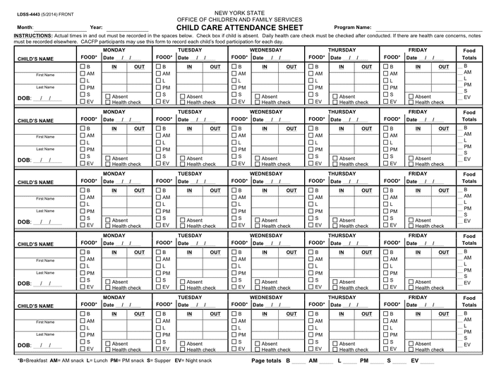 Printable Child Care Forms Attendance Records Images