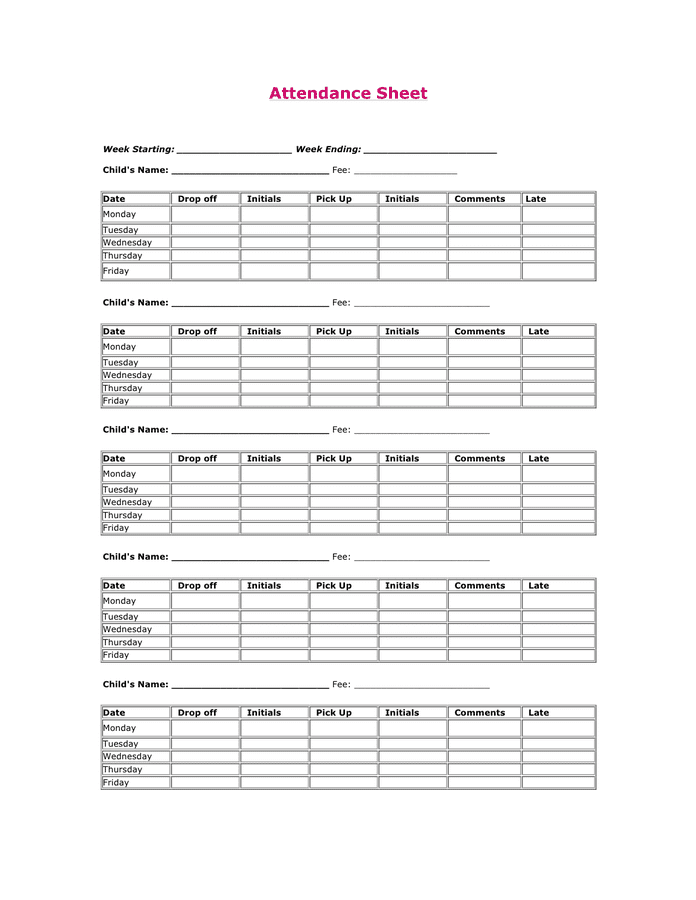 Printable Daycare Attendance Sheet Template