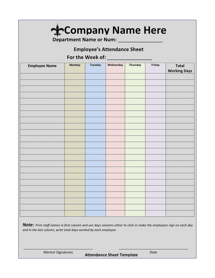 Attendance Sheet download free documents for PDF, Word and Excel