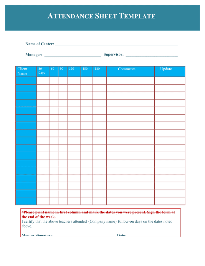 Attendance sheet template in Word and Pdf formats