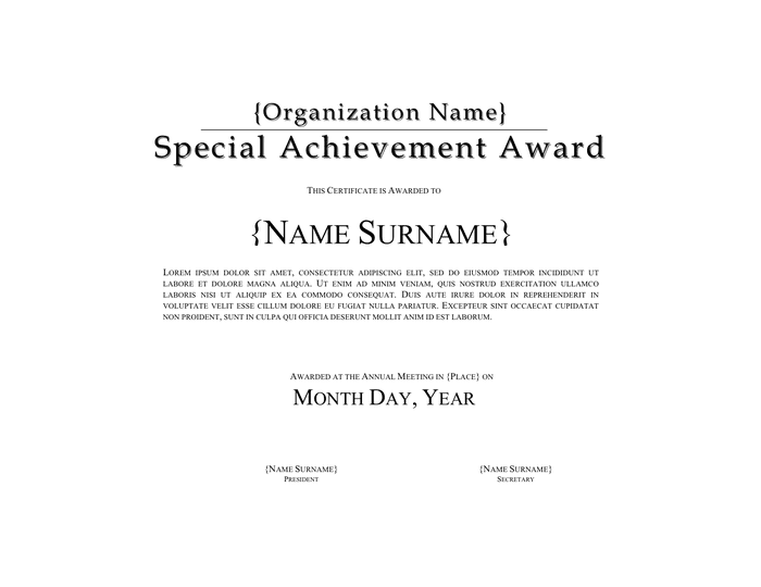 Special achievement award certificate template preview