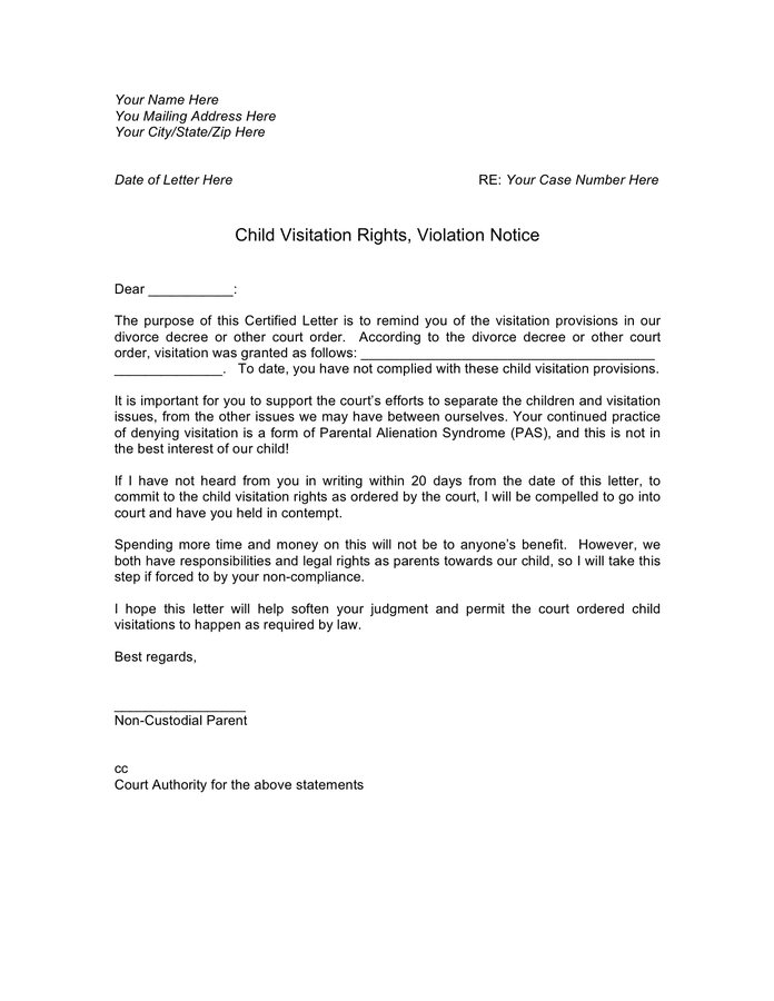 Sample Child Visitation Rights Violation Notice In Word And Pdf Formats