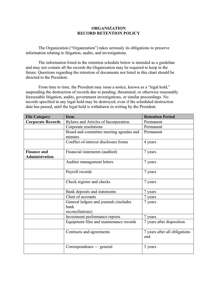 Organization document retention policy page 1