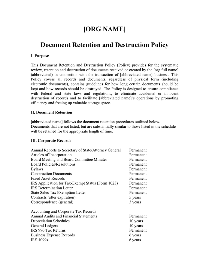 Sample document retention and destruction policy page 1