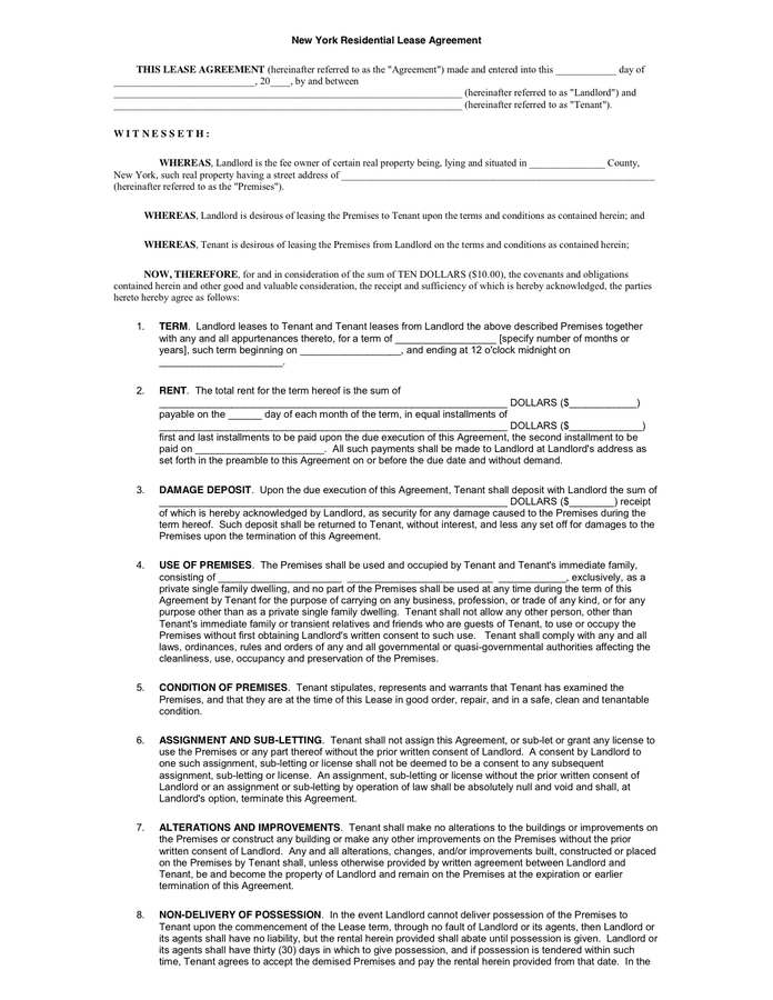 New York Residential Lease Agreement In Word And Pdf Formats