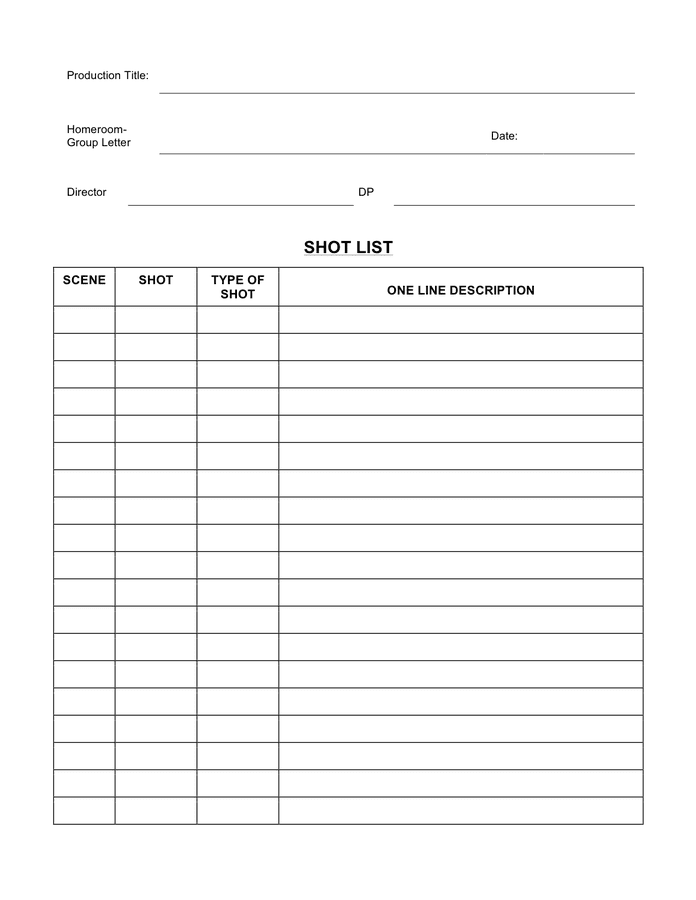 Shot List Template download free documents for PDF, Word and Excel