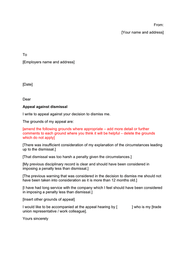 Appeal against dismissal letter sample in Word and Pdf formats How To Write An Appeal