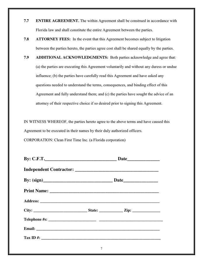 Independent contractor agreement in Word and Pdf formats - page 7 of 7