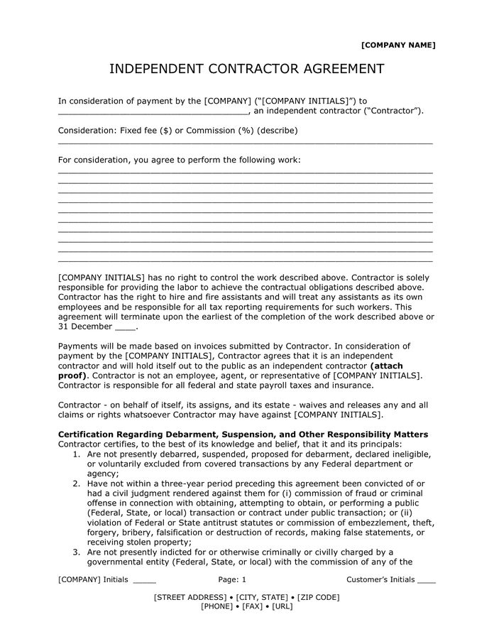 Independent contractor agreement in Word and Pdf formats