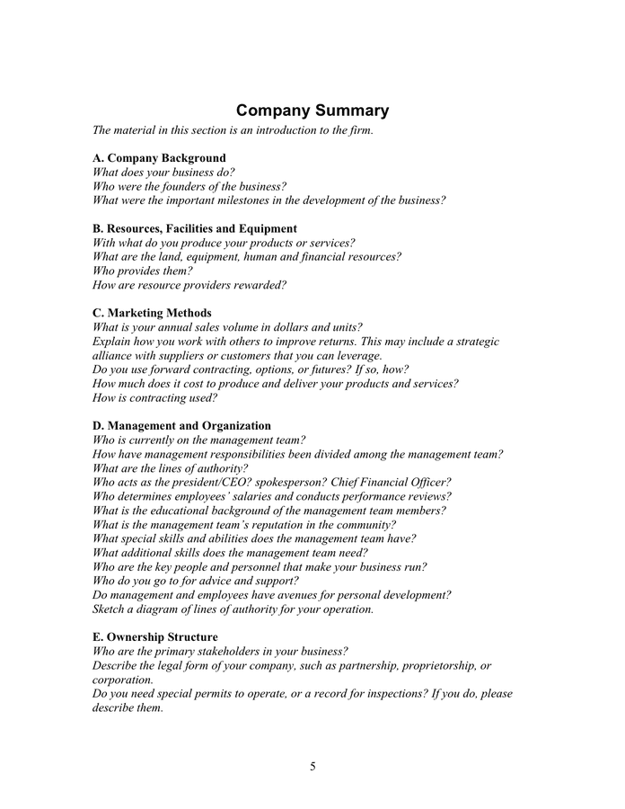 Startup business plan template word image