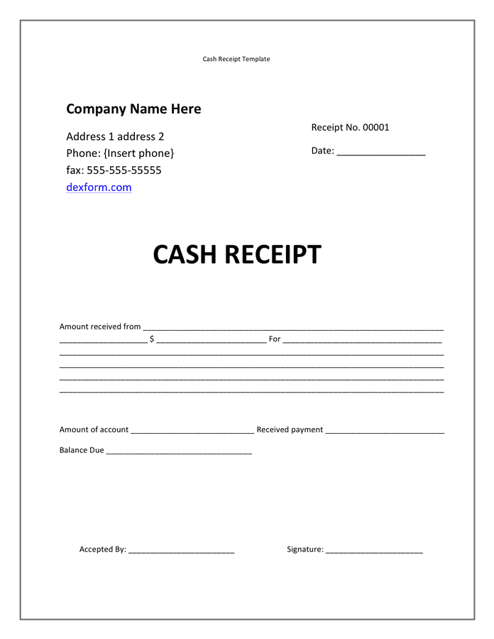 Cash receipt template in Word and Pdf formats