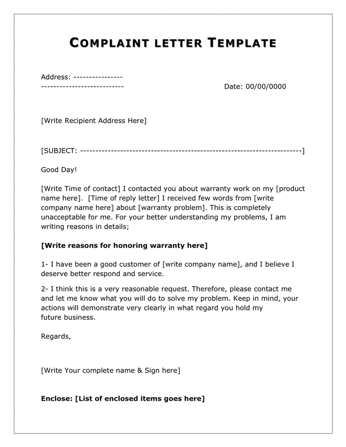 Complaint letter template in Word and Pdf formats