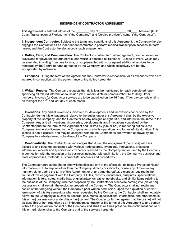 Independent contractor agreement in Word and Pdf formats