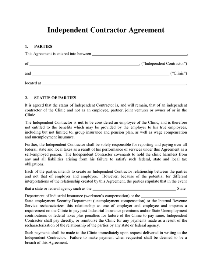 Independent Contractor Agreement in Word and Pdf formats