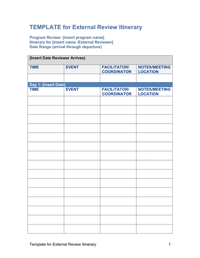 Template for external review itinerary in Word and Pdf formats