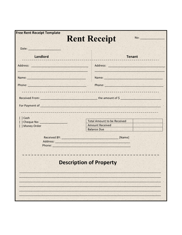 Rent receipt template in Word and Pdf formats