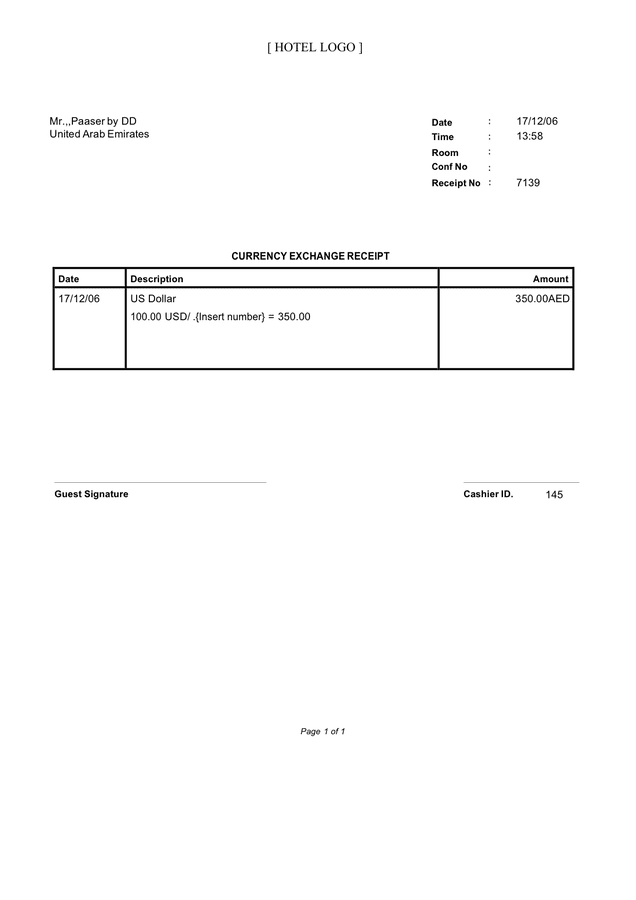 Currency Exchange Receipt Template