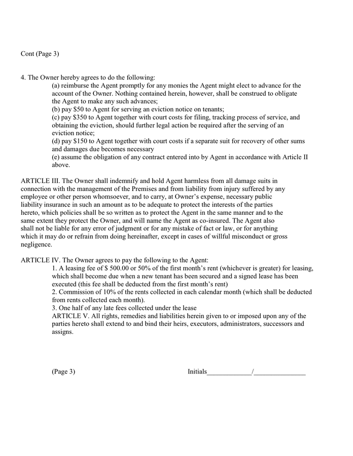 Property management agreement in Word and Pdf formats - page 3 of 4