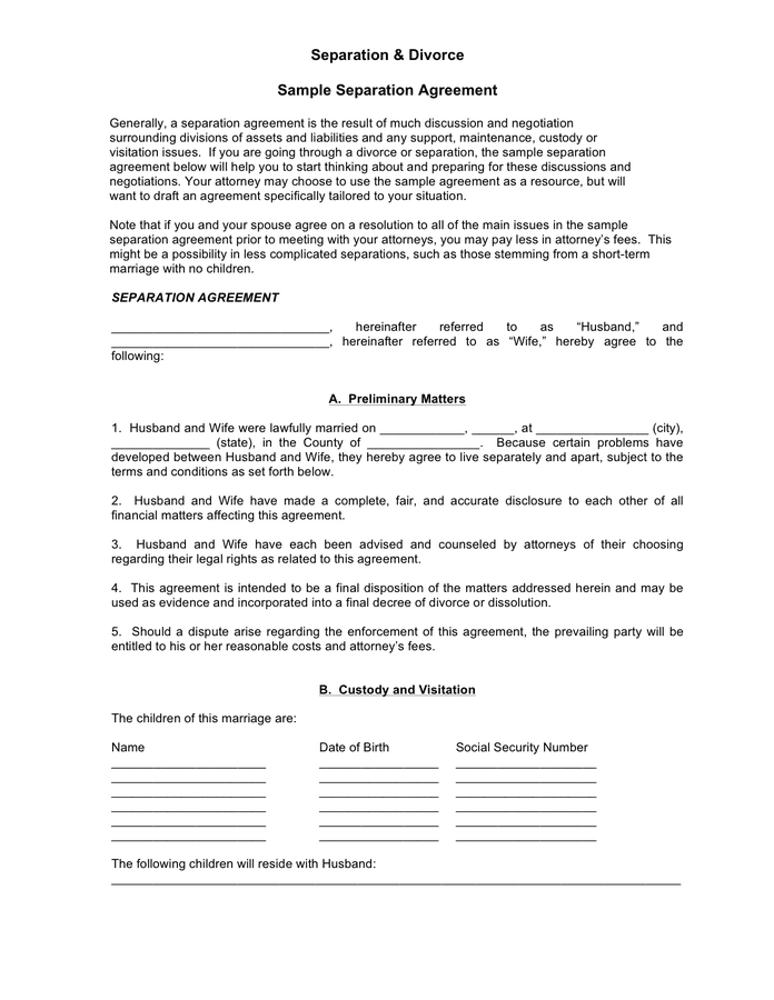 Separation agreement template in Word and Pdf formats