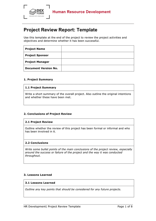 Project review report template in Word and Pdf formats