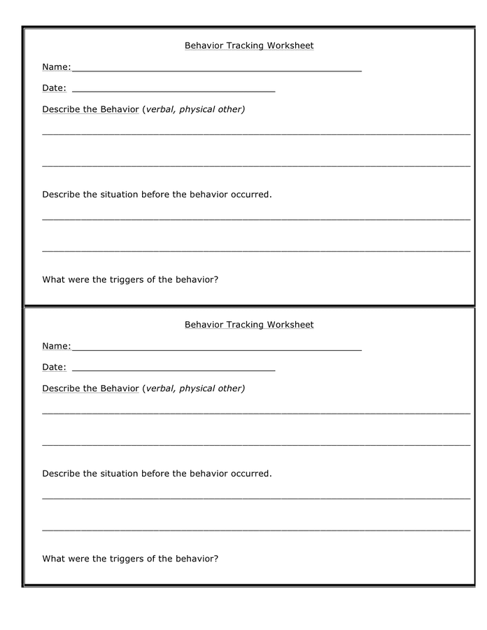 Behavior tracking worksheet in Word and Pdf formats