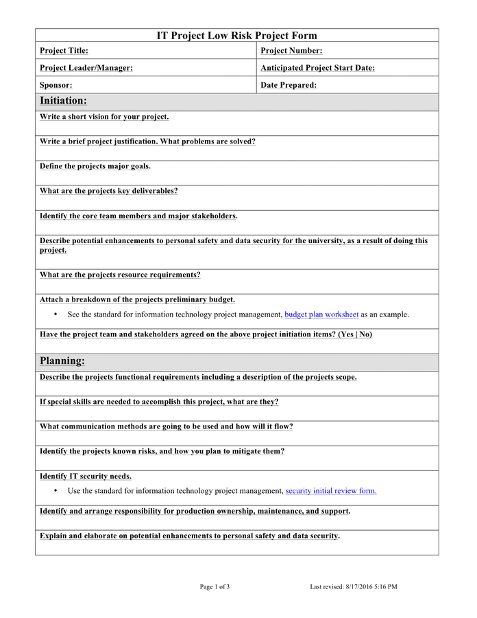 IT Project Low Risk Project Form in Word and Pdf formats