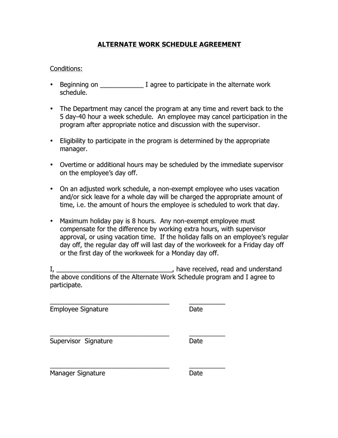 Alternative work schedule agreement template in Word and Pdf formats