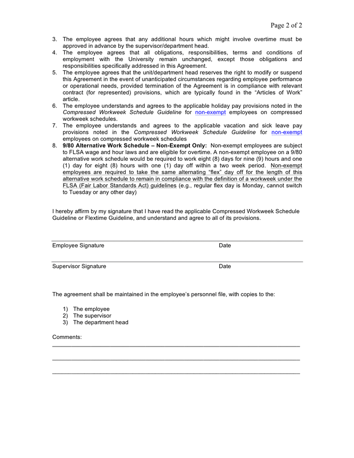 Alternative (flexible) work schedule agreement template in Word and Pdf