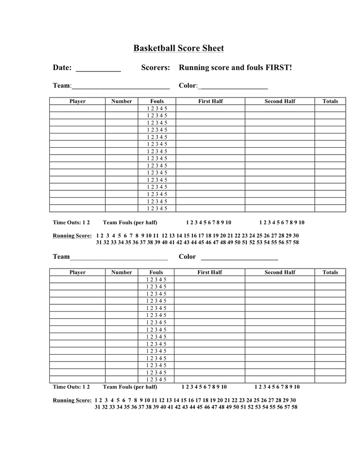 Basketball score sheet in Word and Pdf formats