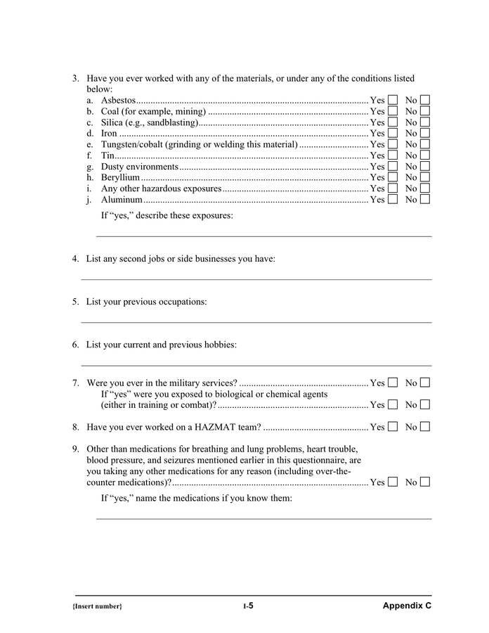 Respirator medical evaluation questionnaire in Word and Pdf formats ...