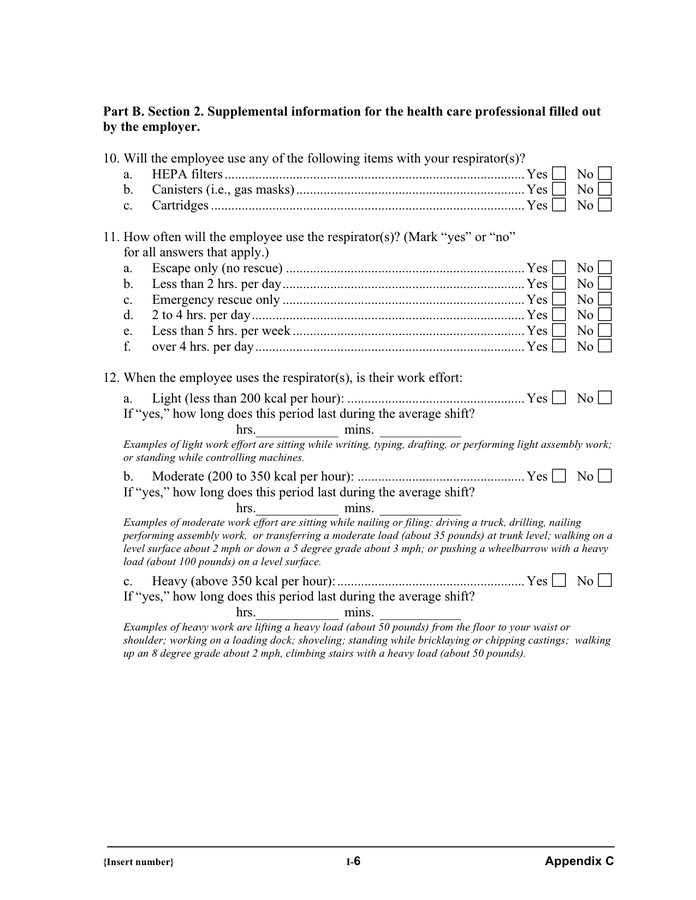 Respirator Medical Evaluation Questionnaire In Word And Pdf Formats Page 6 Of 7 6050