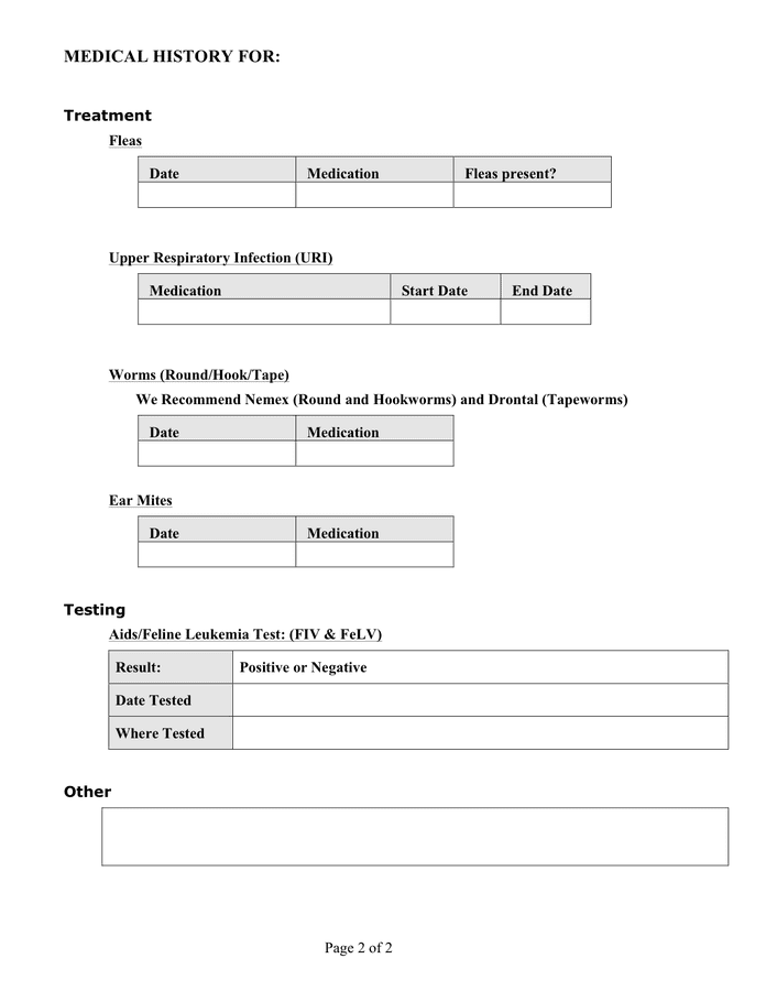 Pet medical history form in Word and Pdf formats page 2 of 2