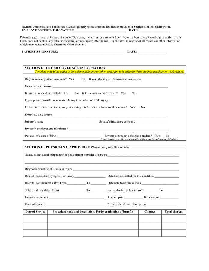 Medical Claim Form Sample In Word And Pdf Formats Page Of