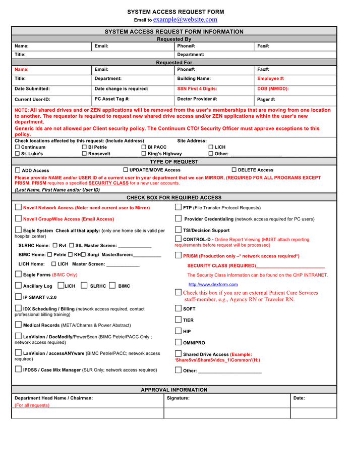 System access request form in Word and Pdf formats