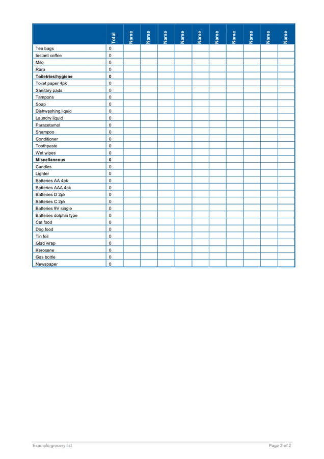 Example grocery list in Word and Pdf formats - page 2 of 2