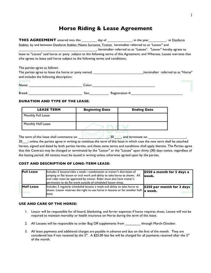 Horse riding & lease agreement in Word and Pdf formats
