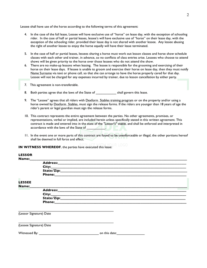 Horse riding & lease agreement page 2