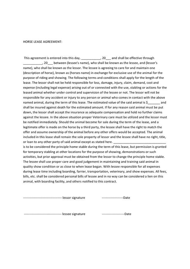horse lease agreement in word and pdf formats