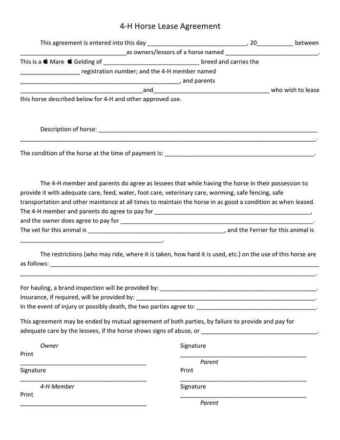 4h horse lease agreement form in Word and Pdf formats