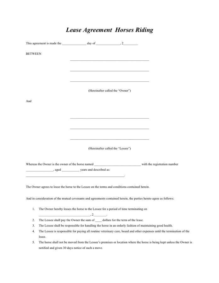 Printable Template For Horse Free Lease Agreement