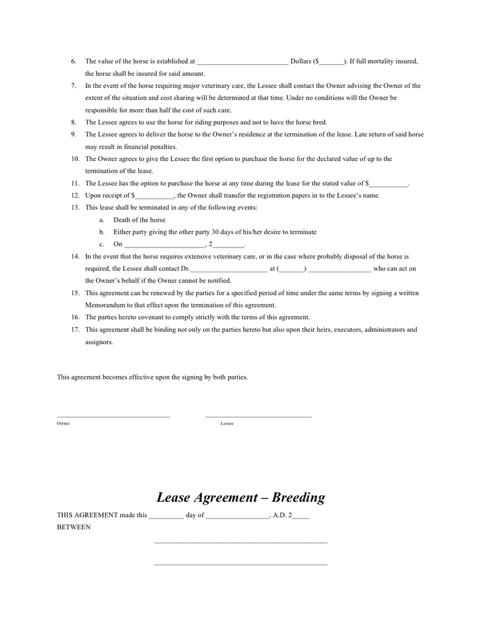 Horse lease agreement in Word and Pdf formats - page 2 of 7