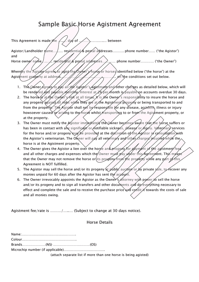 Sample horse agistment agreement in Word and Pdf formats