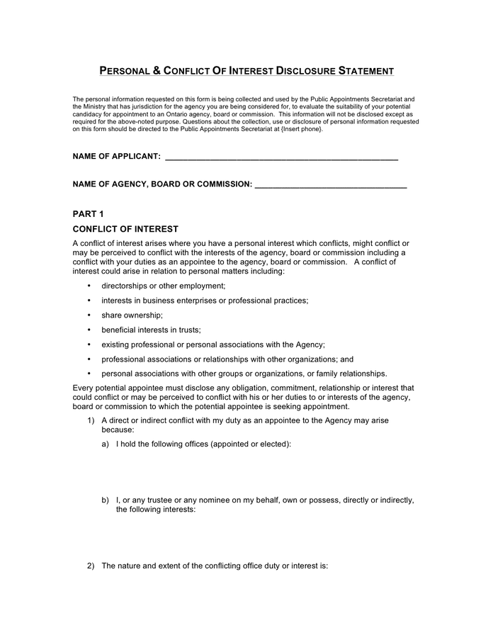Personal & conflict of interest disclosure statement template in Word
