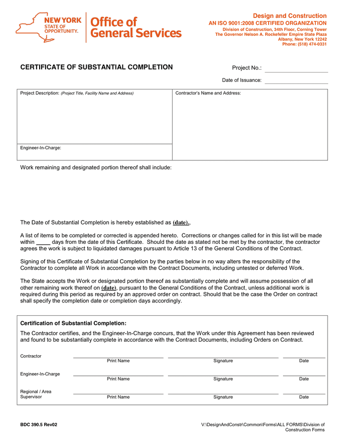 Certificate Of Substantial Completion In Word And Pdf Formats