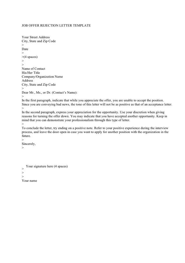 job rejection letter reply