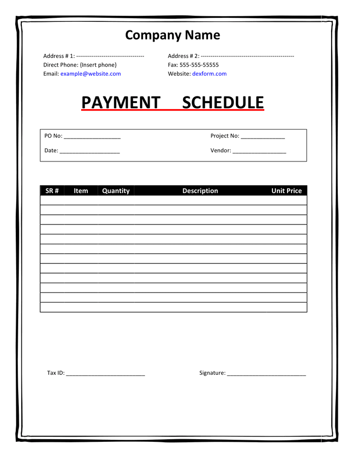 Payment Schedule Template download free documents for PDF, Word and Excel