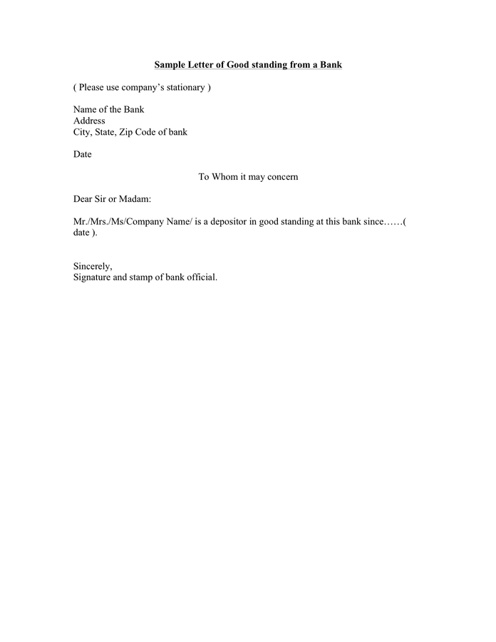 Sample Letter Of Good Standing From A Bank In Word And Pdf Formats