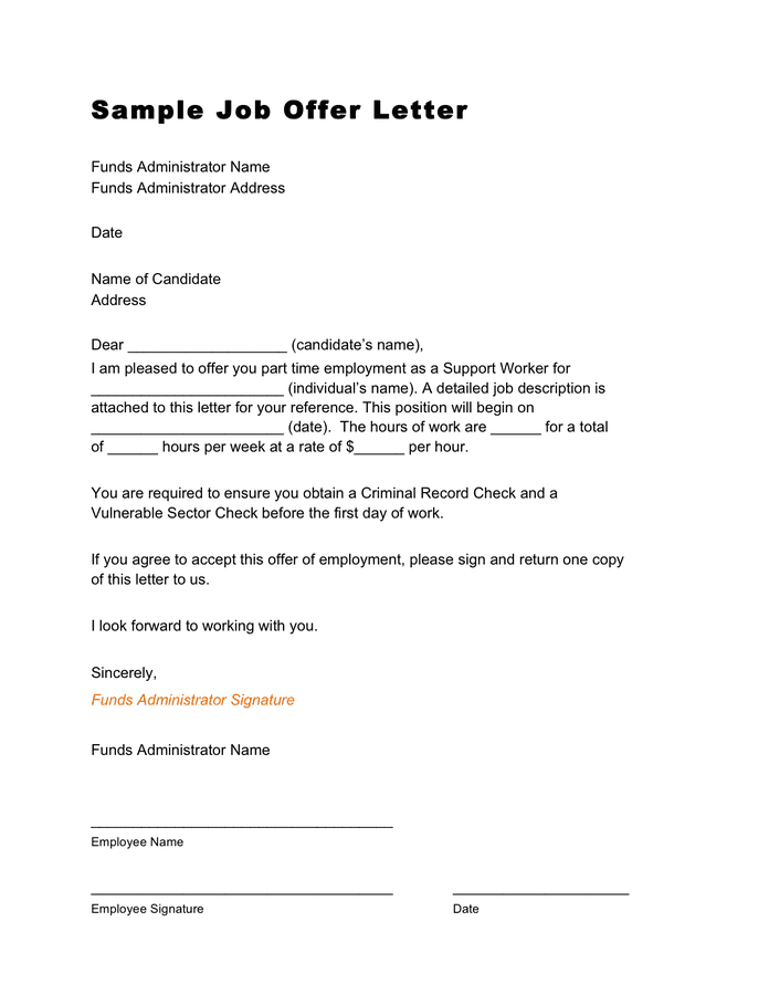 Sample job offer letter in Word and Pdf formats