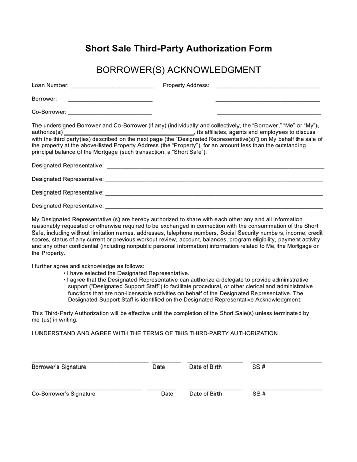 Short Sale Third party Authorization Form In Word And Pdf Formats