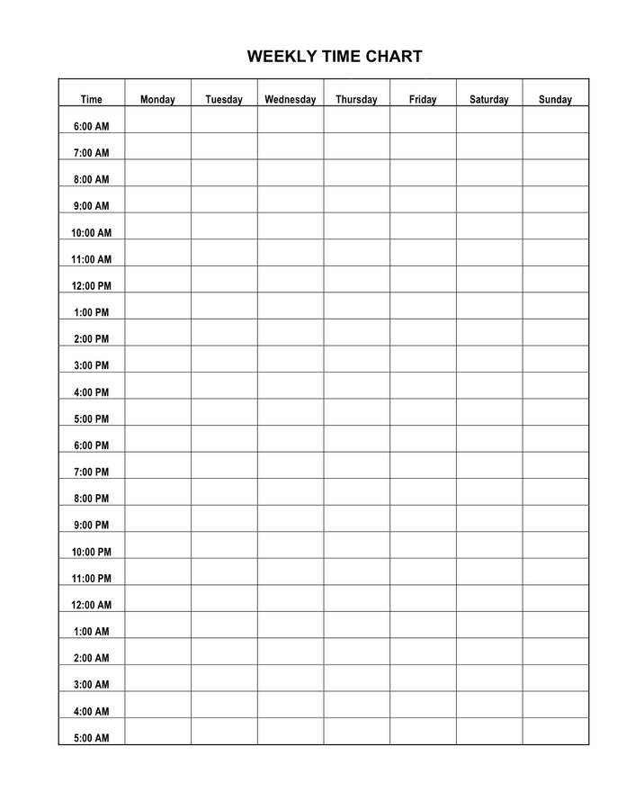 Weekly time chart in Word and Pdf formats